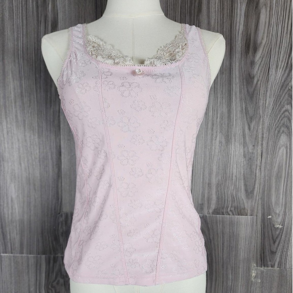 Rampage Pink Floral Jacquard Lace Trim Camisole Top Medium Vintage Style Cami